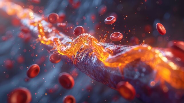 A detailed 3D illustration showing the dynamic process of blood clot formation within a blood vessel.