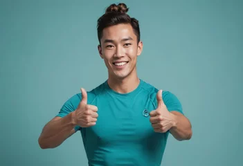 Fototapeten An athletic man in a teal shirt gives two thumbs up, his bright smile and sporty appearance suggesting a dynamic and healthy lifestyle. © natakot