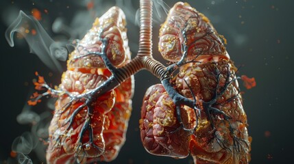 This 3D visualization portrays human lungs affected by disease, with emphasis on inflamed tissue and disrupted pulmonary function. - obrazy, fototapety, plakaty