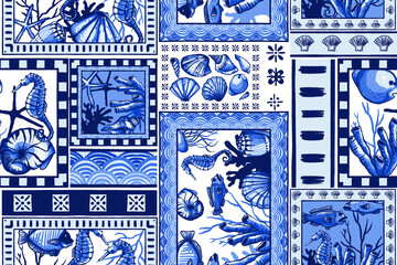 Nautical Delft Blue seamless pattern design, Marine themed pattern, Ocean life, blue marine. Blue Dutch tiles, engraved style, PNG transparent background
