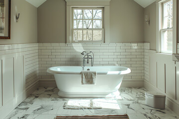 Fototapeta na wymiar Serene bathroom with a freestanding tub and marble tiles.