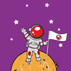 Vector cute astronaut waving with flag on the moon science technology illustration