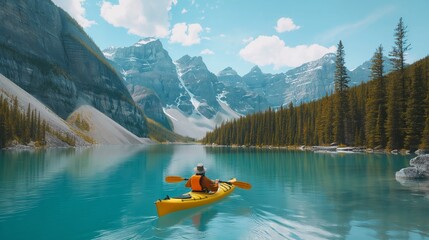 A traveler engaging in eco-friendly activities, such as kayaking in a pristine lake or hiking in a park, showcasing sustainable tourism practices. 8k