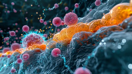 A highly detailed visualization of a cellular microenvironment with various signaling molecules and cellular interactions.