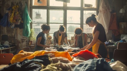 A workshop scene where participants learn about sustainable fashion, working with eco-friendly fabrics and recycling old clothing into new designs. 8k