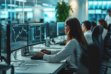 Focused Analyst Monitoring Financial Data on Computer Screens