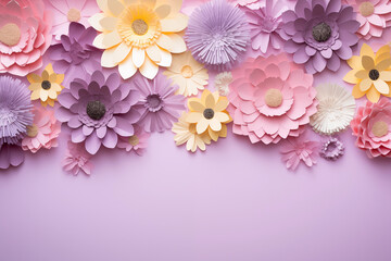 Background of paper flowers, greeting card design. International Women's Day, Mother's Day Postcard. Banner with copy space.