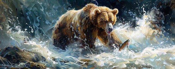 A powerful grizzly bear stands midstream, water splashing around as it catches a leaping fish, depicted in dynamic brush strokes.