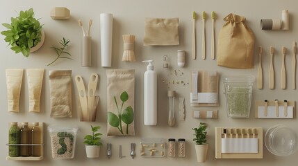 An assortment of biodegradable products and packaging, such as bamboo toothbrushes, compostable...