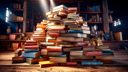 Pile of books sitting on top of wooden table next to lamp. - obrazy, fototapety, plakaty