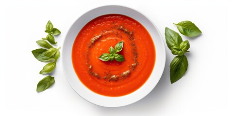 Traditional tomato soup top view with herbal organic scene view - obrazy, fototapety, plakaty