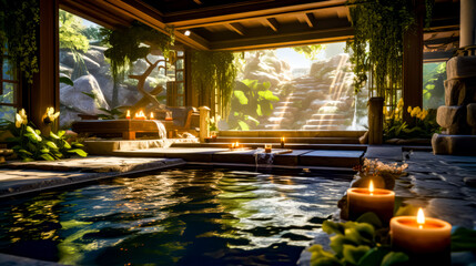 Hot tub with candles in the middle of room with waterfall.