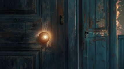 An old, locked door with light seeping through the keyhole, tempting the onlooker with the unknown that lies beyond. 8k