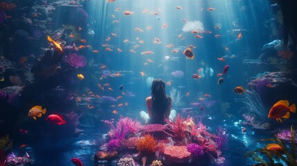 An underwater kingdom with a mermaid queen sitting on her coral throne, surrounded by colorful fish and glowing aquatic plants. 8k