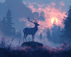 A serene deer stands atop a rock amidst a mystical, foggy forest landscape as the sun rises.