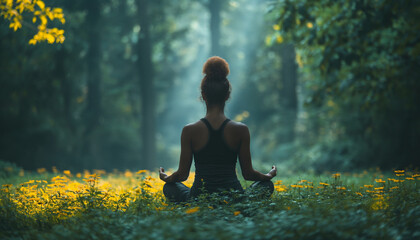 A woman meditating in the forest. The tranquility and beauty of nature. Meditation and the concept of mindfulness - obrazy, fototapety, plakaty