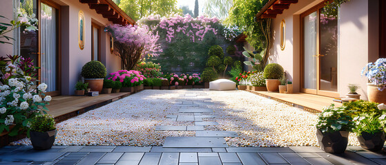 A landscaped garden path with stones and grass, a beautiful approach to nature and design in summer