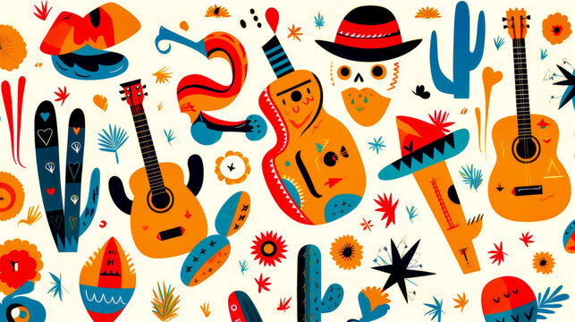 Colorful pattern of guitars, cactus, and other items on white background.