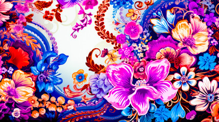 Close up of painting of flowers on white background with blue and pink colors.