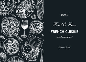 French restaurant menu design template on chalkboard. France food and wine from sketches. European food vintage background. Hand-drawn vector illustration, NOT AI generated