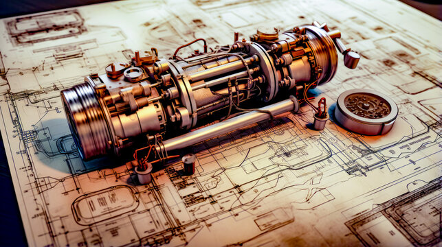 Close up of machine on top of piece of blueprint.
