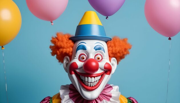  April fool's day. Crazy funny illustrations of a laughing clown in a cap, a toy on a spring, glasses with a nose and a smile, balloons for a poster, background generative ai.
