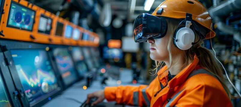 Adult woman miner worker using virtual reality headset for controlling mining machine. Generative AI technology.