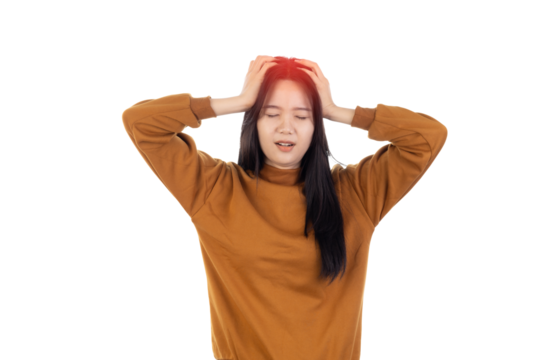 Asian Woman having headache isolated on white background with clipping path.