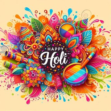 Happy Holi design with colorful paint splatters. Vector illustratior created with generative ai. © cd