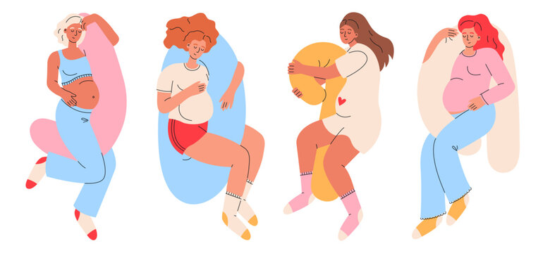 Expectant mothers sleep with specialized pregnancy cushion in different positions. Pregnancy health and care. Flat vector illustration isolated on white background.
