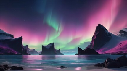 3d render, abstract panoramic background. Seascape with cliffs under the pink blue night gradient sky with northern lights, fantasy scenery wallpaper with Aurora Borealis - obrazy, fototapety, plakaty