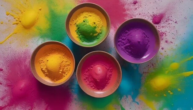  Happy Holi design with colorful holi colors in bowls splatters. Vector illustratior created with generative ai.