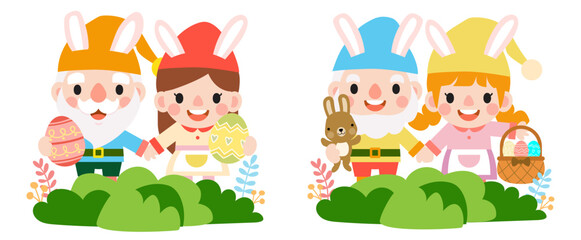 Easter gnomes with bunny rabbit ears, Cute woman wearing bunny ears and Easter eggs