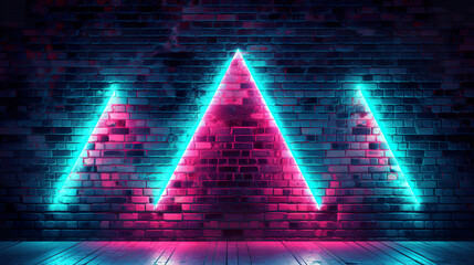 Neon light figures on a dark abstract background. Neon lamps on a brick wall in a dark room - 742760993