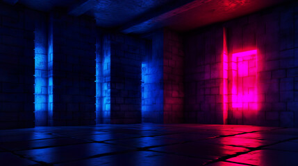 Neon light figures on a dark abstract background. Neon lamps on a brick wall in a dark room - 742761352