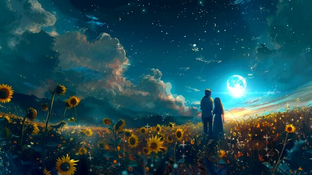 romantic couple in sunflower field. Seamless looping time-lapse virtual 4k video animation background