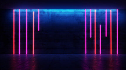Neon light figures on a dark abstract background. Neon lamps on a brick wall in a dark room - 742761575