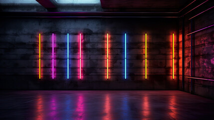 Neon light figures on a dark abstract background. Neon lamps on a brick wall in a dark room - 742761714