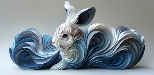 a rabbit cut out for easter, in the style of light cyan and dark blue, innovative page design, layered organic forms, organic sculpting. Generative AI.