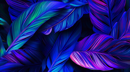 Ultraviolet neon palm leaves on a dark background. Tropical glowing plants - 742761780