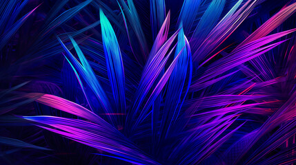 Ultraviolet neon palm leaves on a dark background. Tropical glowing plants