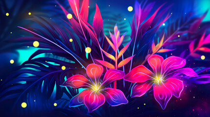 Bright multi-colored neon flowers on a dark background. Tropical glowing plants