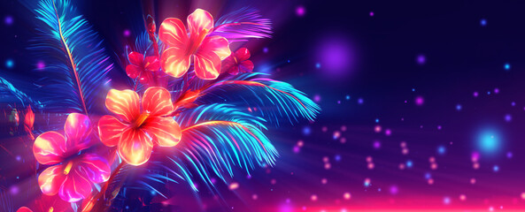 Bright multi-colored neon flowers on a dark background. Tropical glowing plants - 742761940