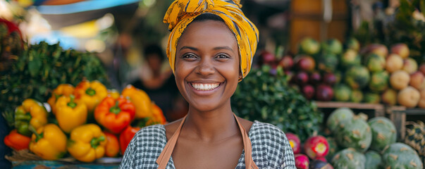 Smiling woman holding a basket of fresh fruits and vegetables at the market - obrazy, fototapety, plakaty
