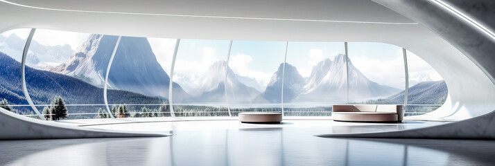 futuristic modern light white living room interior, huge windows overlooking beautiful snowy mountain landscape, minimalist interior design background