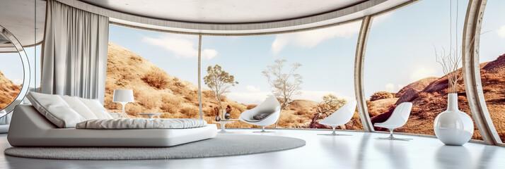 futuristic white bedroom interior design, eco luxury, modern design. huge windows overlooking an alien, unearthly landscape, natural views, minimalist interior design.