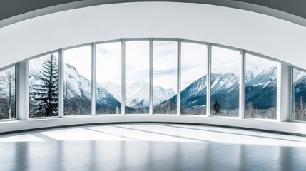 futuristic modern light white living room interior, huge windows overlooking beautiful snowy mountain landscape, minimalist interior design background