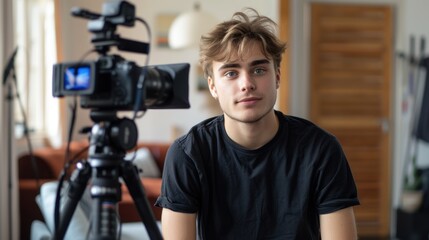A young man sat in front of a camera recording himself, trendy youtuber