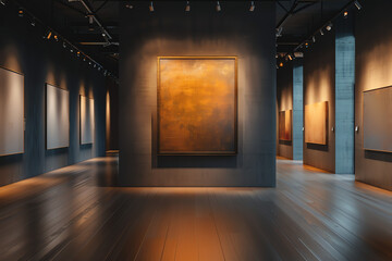 Contemporary art gallery wall with spotlights illuminating the artwork.