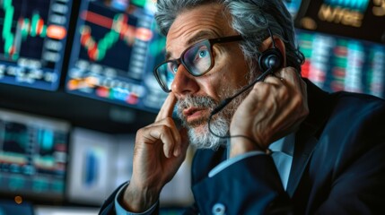 Portrait of Professional Middle Aged Trader Working on a Stock Exchange. Stylish Adult Man Communicating Buy and Sell Orders on a Call and Showing Hand Signals to an Arbitrage Broker